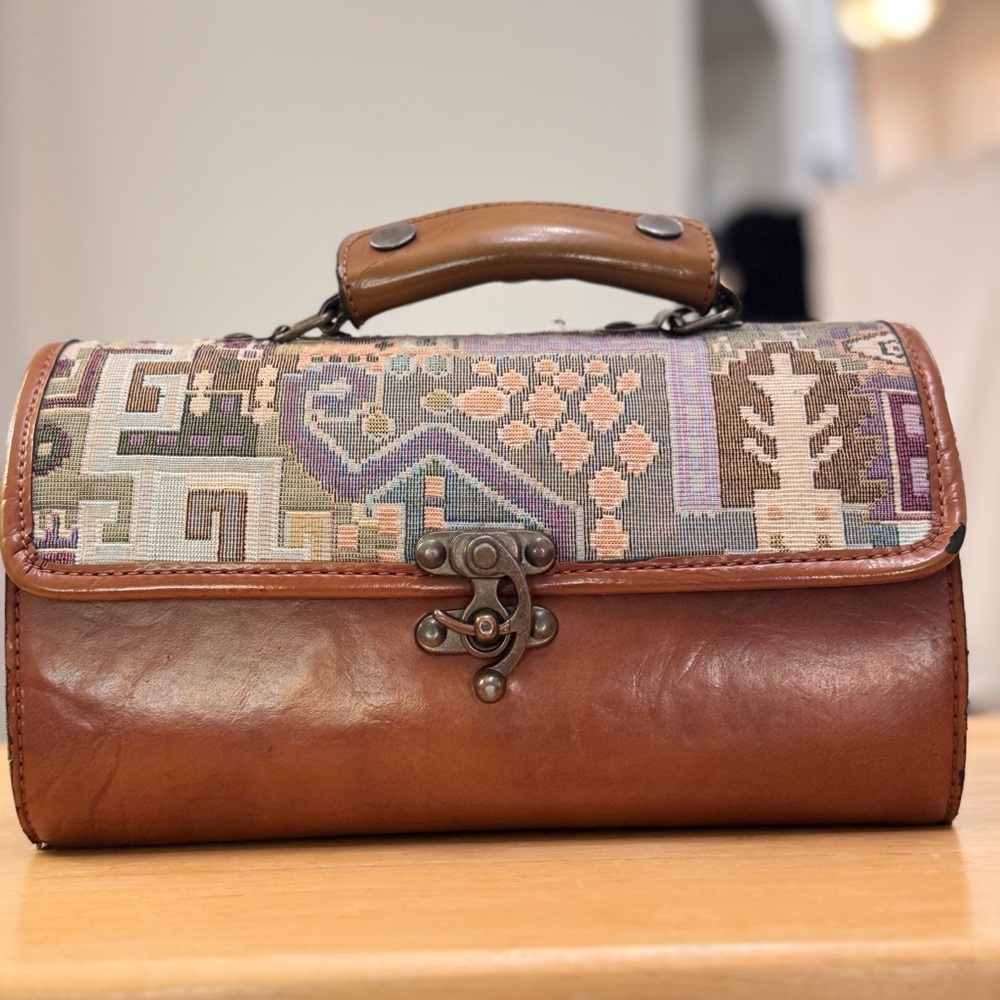Vintage Brown Leather and Tapestry Top Womenโs Handbag made in Korea
